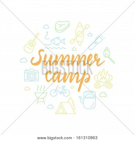 Summer camp lettering with icons. Calligraphy font
