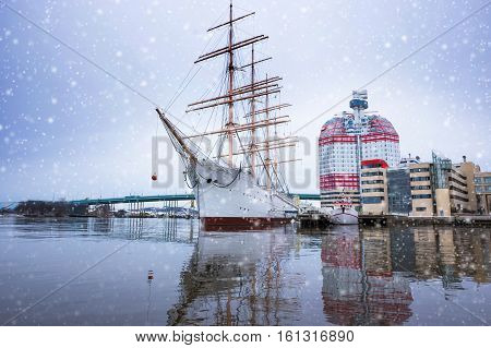 Boats with christmas decoration in harbor Gothenbur. Sweden
