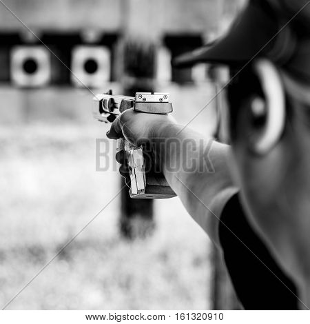 shooting target on training, black and white image