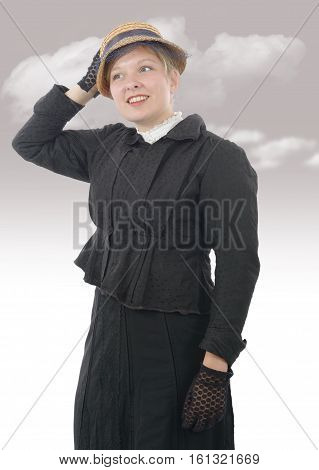 young smiling woman in vintage costume 1900s