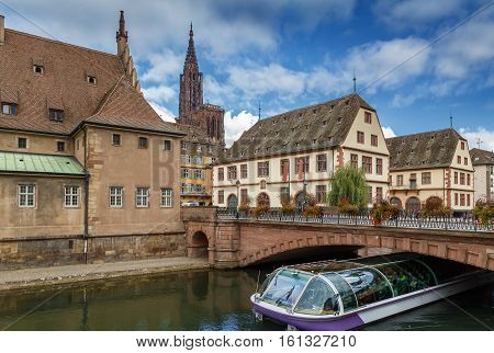 View of Strasbourg city with Cathedral from Ill river Alsace France