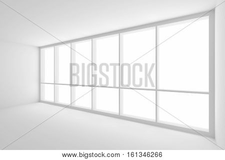 Business architecture white colorless office room interior - large window in empty white business office room with white floor white ceiling white walls and empty space 3d illustration