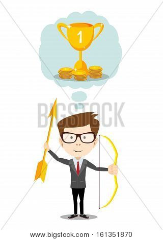 man with a bow and arrow dreaming about gold trophy goblet. Stock vector illustration
