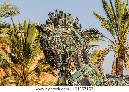 TEL AVIV ISRAEL - DECEMBER 5: Cyber Horse sculpture of Trojan horse at Tel Aviv University Israel on December 5 2016