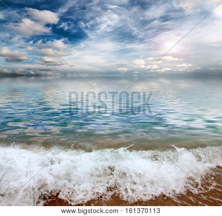 landscape with beautiful sea beach and cloudy celestial space