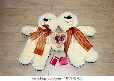 Background for Valentines Day with heart, red gifts.