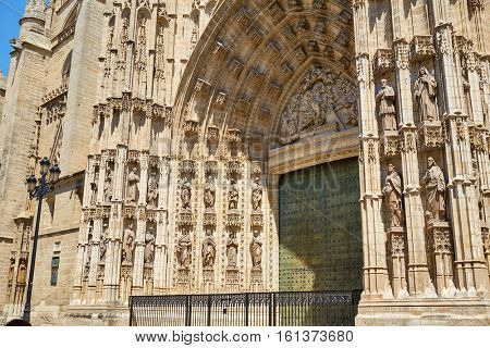 Seville cathedral facade in Constitucion avenue of Sevilla Andalusia Spain exterior image shot from public floor