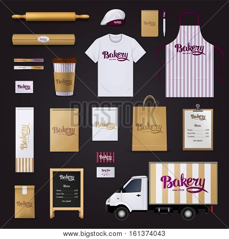 Deliciously creative bakery pastry shop visual corporate identity stripes design template basic items collection black background vector illustration