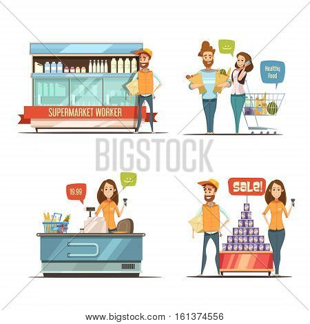 Shopping in supermarket retro cartoon icons collection with grocery cart dairy racks and customers isolated vector illustration