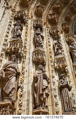 Seville cathedral facade in Constitucion avenue of Sevilla Andalusia Spain exterior image shot from public floor