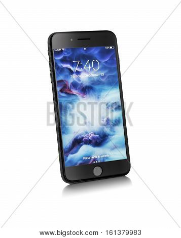 UZHGOROD UKRAINE - DECEMBER 13 2016: New black iPhone 7 Plus from the company Apple on a white background studio photo on December 13 2016 in Uzhgorod Ukraine.