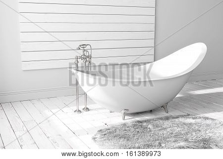Blank bright bathroom with large windows wooden floors and a large bathtub. Minimalistic loft bathroom mockup. 3D rendering