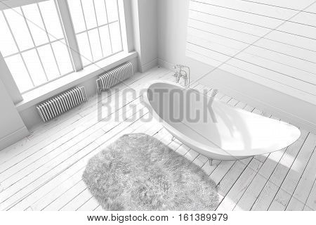 Blank bright bathroom with large windows wooden floors and a large bathtub. Minimalistic loft bathroom mockup. 3D rendering