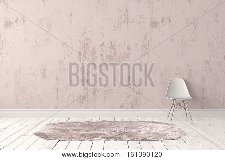 Modern plastic chair and carpet over rough wall and wooden floor. 3d render high quality image. 3D rendering
