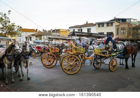 Istanbul Turkey - September 29 2013: Phaeton Horse Passenger waiting area. Coachman Horse Carriage Ride. Buyukada Princes Islands also known as Istanbul is the largest of the islands off the coast. Buyukada motor vehicle is not being used such as Phaeton