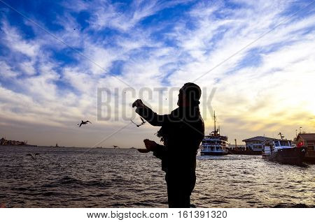 Istanbul Turkey - February 2 2014: Sea of Marmara the Bosphorus The city of Besiktas in Istanbul sunset on the beach seagulls food-giving a man.