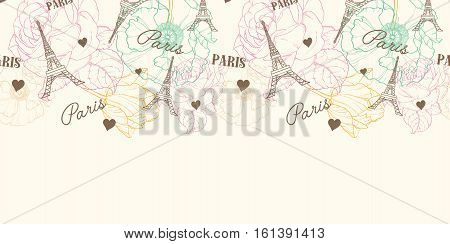 Unique Vector Eifel Tower Paris Seamless Pattern Horizontal Border In Vintage Style With Beautiful, Romantic Pastel Flowers. Perfect for travel themed postcards, greeting cards, wedding invitations. Repeat design. Surface pattern textile design.