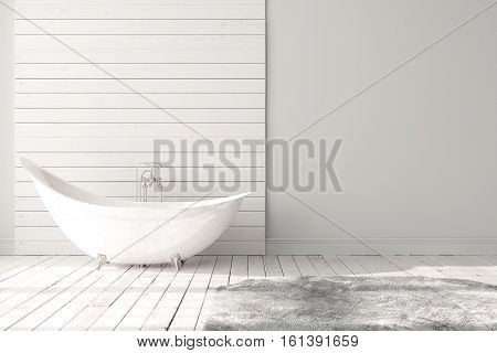 Blank bright bathroom with wooden floors carpet and a large bathtub. Minimalistic loft bathroom mockup. 3D rendering