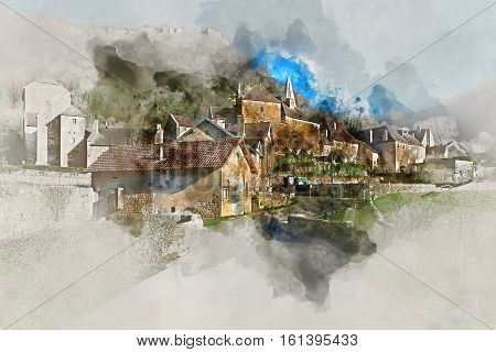 Digital watercolor painting of Baume-les-Messieurs village classified as one of the most beautiful villages of France
