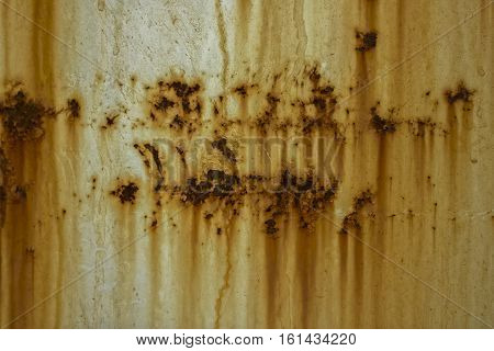 The rusted side of dumpster in an industrial area.