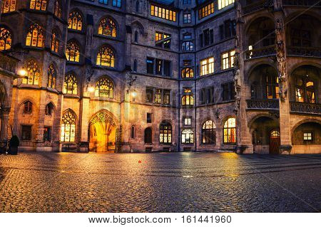 Munich Germany. Illuminated historical building of Town hall at night in Munich - the capital of Bavaria in Germany.