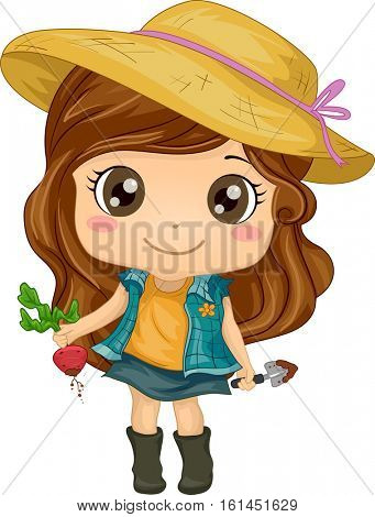 Illustration of a Cute Little Girl Holding a Beet in One Hand and a Trowel in the Other