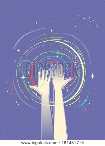 Whimsical Illustration of a Pair of Raised Healing Hands Surrounded by Colorful Glitters and Swirls