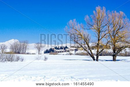 Italy winter view of a village in the Gran Sasso National Park