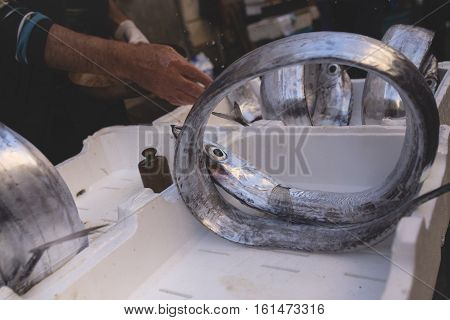 Silver Fish Rolled Up In A Tray At La Pescheria Di Sant Agata Fish Market In Catania, Sicily, Italy