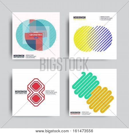 Abstract Poster Set. Backgrounds in Retro Swiss Flat Style. Isolated Geometric Shape, Logo Covers, Posters, Designs. Vector Electric Color Illustration Golden Golden Yellow, Violet, Orange, Green