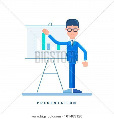Businessman giving a presentation. Business concept for presentation. Cartoon male character. Flat style vector illustration isolated on white