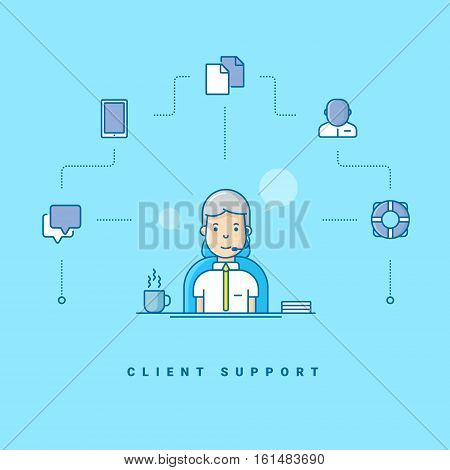 Client support. Cartoon character talking on headset. Vector illustration in blue with flat line icons