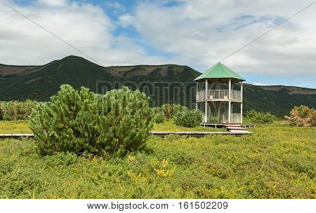 Kamchatka Peninsula, Russia - August 12, 2016: Observation deck at the Uzon Caldera. Kronotsky Nature Reserve on Kamchatka Peninsula