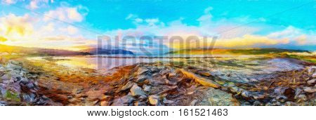 Scandinavian nature. Beautiful sundown in Olderfjord village on the eastern coast of the Porsanger Peninsula along the shore of the Porsangerfjorden. Norway. Oil painting effect.