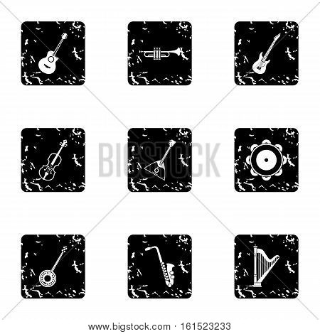 Musical instruments icons set. Grunge illustration of 9 musical instruments vector icons for web