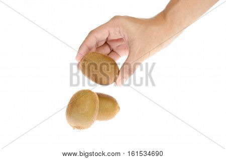 kiwi fruit in his hand on a white background