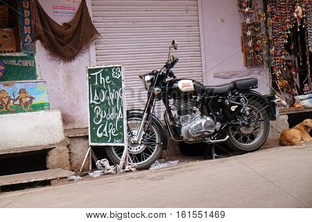 PUSHKAR, INDIA - FEBRUARY 18: Indian Royal Enfield 350 Classic at the street of Pushkar, Rajasthan, India on February 18, 2016.