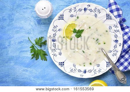 Avgolemono - Traditional Greek Chicken Soup With Lemon And Eggs.top View.