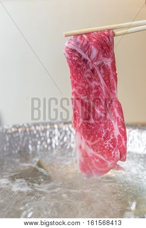 Beef Wagyu A5 Shabu shabu with steam, Groumet Japanese hot pot cuisine