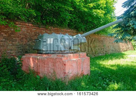 Baltiysk, Russia - June 29, 2010: Monument to special forces at Ravelin Ludwig. Turret of T-34-76 tank established on a pedestal. It was applied as the main weapon on armor boats since 1942