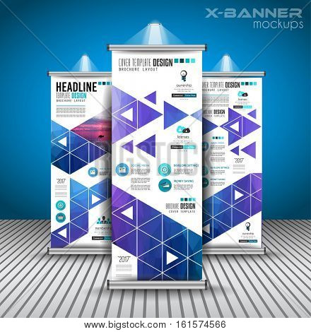 Set of Advertisement roll up business flyers or brochure banners with vertical design. Vector template for cover presentation for modern x-banner and flag-banner.