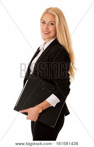 Beautiful Business Woman Holdinh File Folder Isolated Over White Background