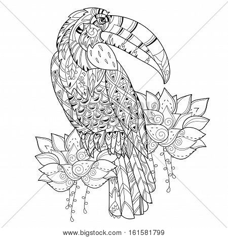 Stylized tropical bird of paradise.Hand drawn vector illustration. Sketch for tattoo or makhenda or adult relax anti stress coloring book. Bird collection boho style.