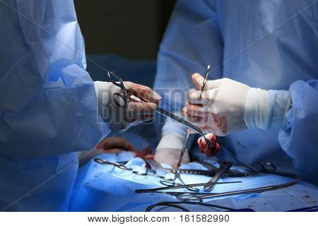 Surgeon holds Kocher's clamp with bloodstained gauze in front of surgical area closeup