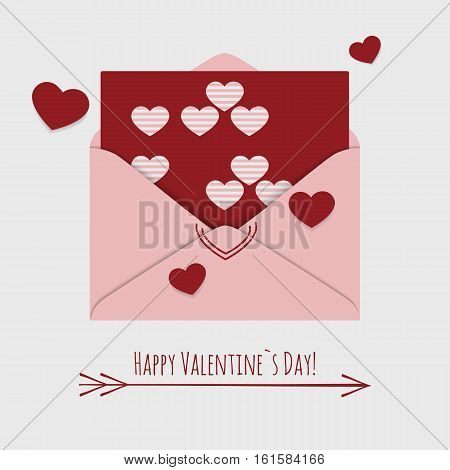 Happy Valentine`s day card with envelope and flying hearts