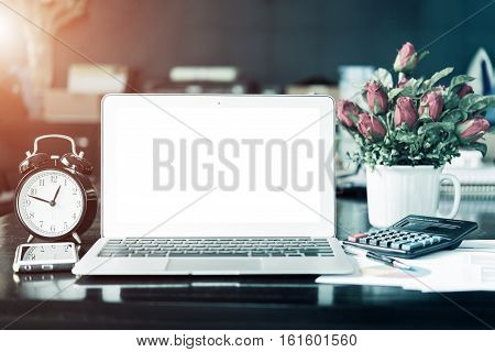 Laptop, Mobile Phone And Office Accessories In Business Office. Business Background. Vintage Filtere