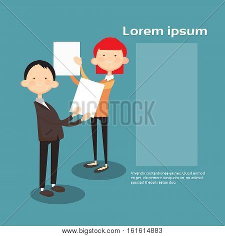 Successful Business Man And Woman Hold Contract Sign Document Flat Vector Illustration