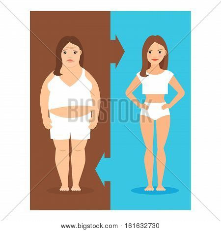 Weight loss concept. Slim and overweight girls vector illustration