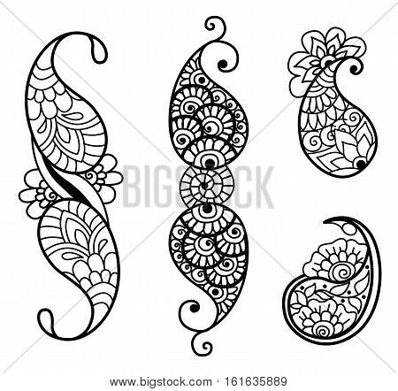 Vector abstract pattern of tattoo henna paisley. Stock mehndi set for design on white background - indian cucumbers.