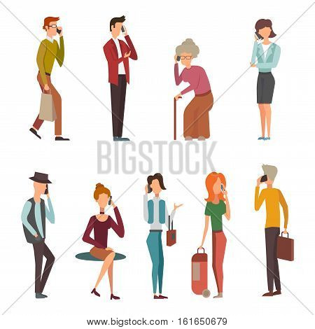 People talking phone vector. Mobile technology communication business adult. Professional worker businessman lifestyle using corporate cell.